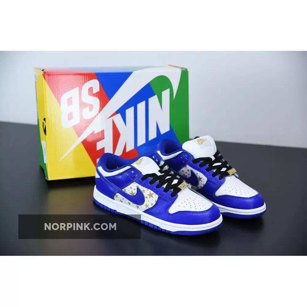 Supreme x Nike SB Dunk Lows White/Metallic Gold-Hyper Blue | dh3228